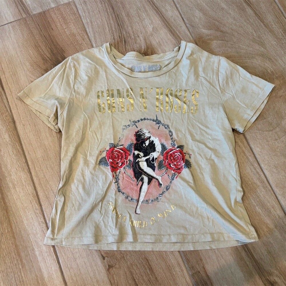 Guns N' Roses Sweet Child O' Mine T-Shirt Womens Size S Beige Gold Foil